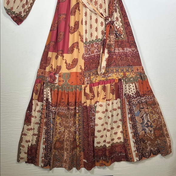 Boho Flowing Cottagecore Patchwork Maxi Dress in Cream, Rust & Gold - Picture 3 of 8